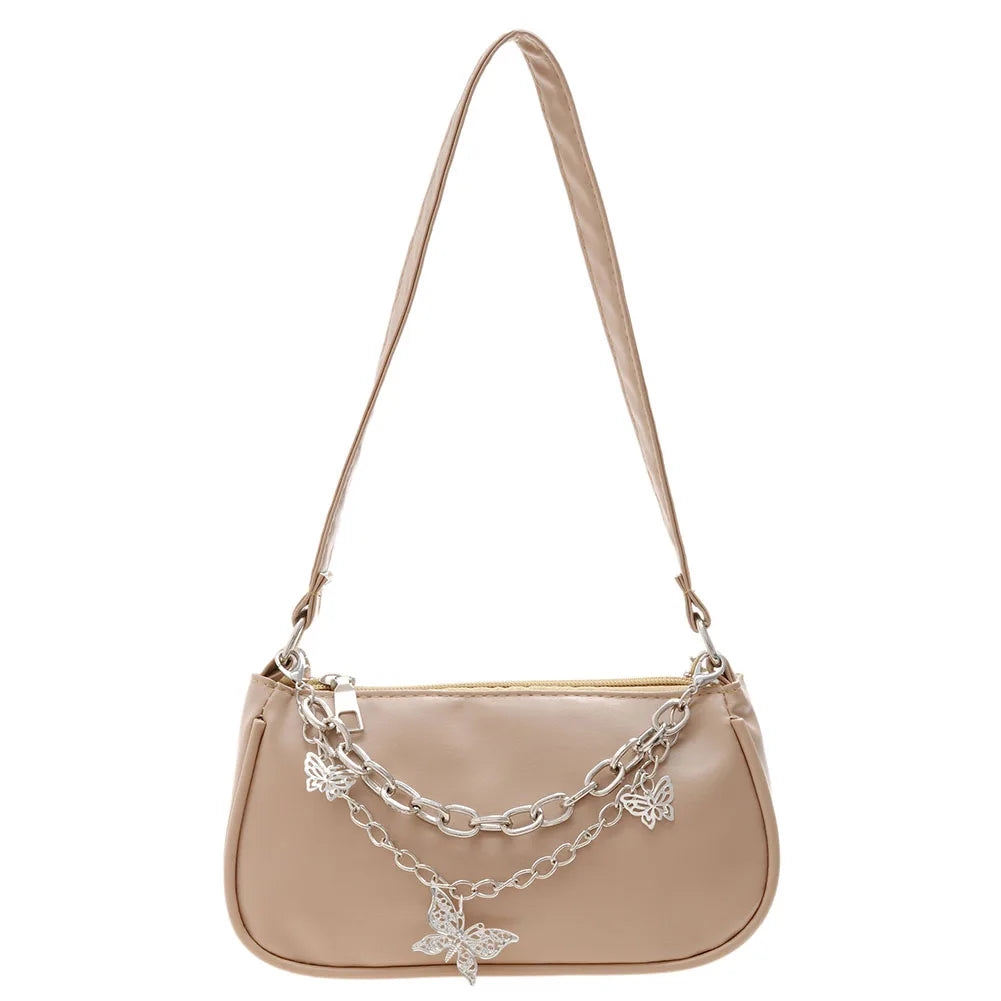 Vintage Casual Women Butterfly Double Chain PU Underarm Bag Small Handbag