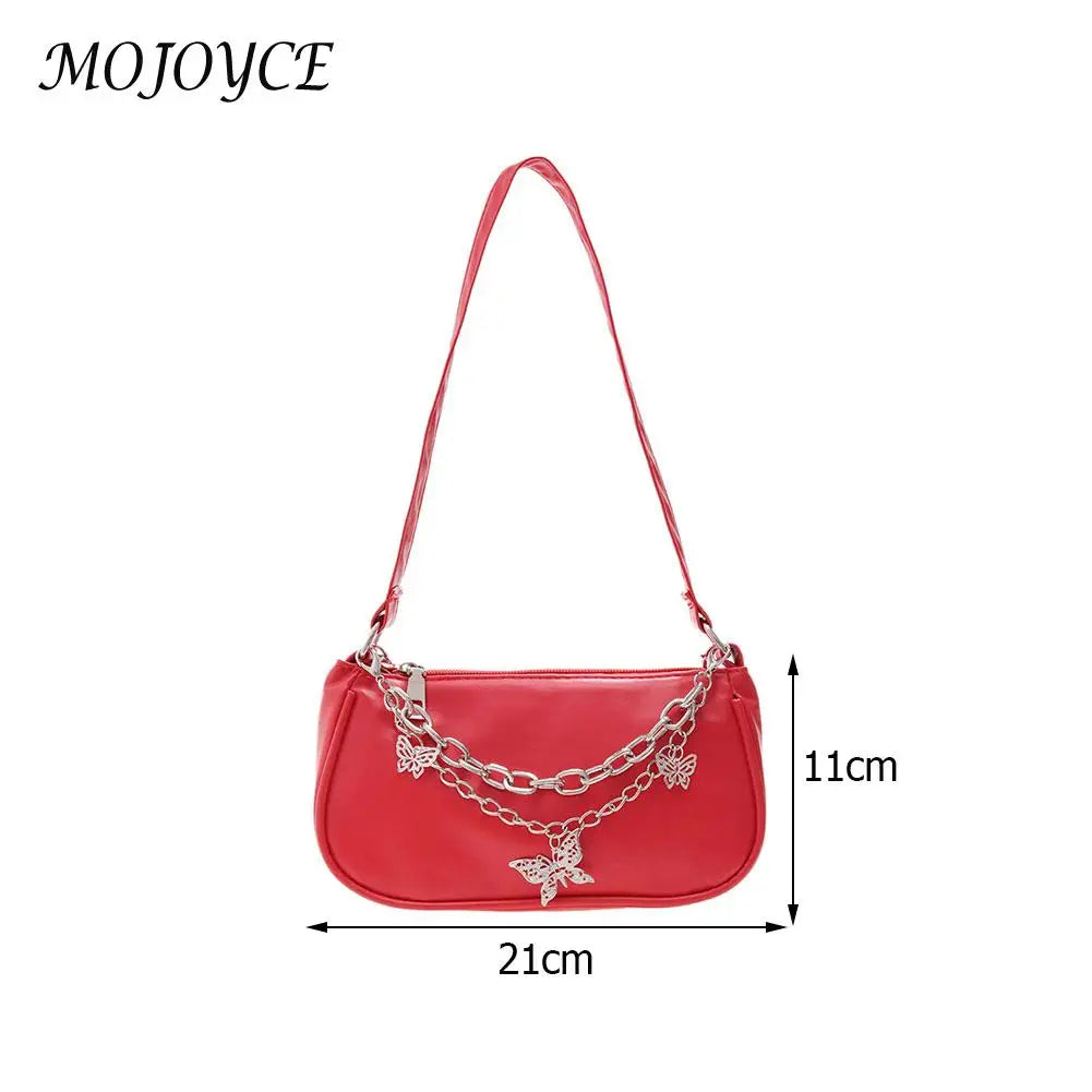 Vintage Casual Women Butterfly Double Chain PU Underarm Bag Small Handbag