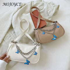 Vintage Casual Women Butterfly Double Chain PU Underarm Bag Small Handbag