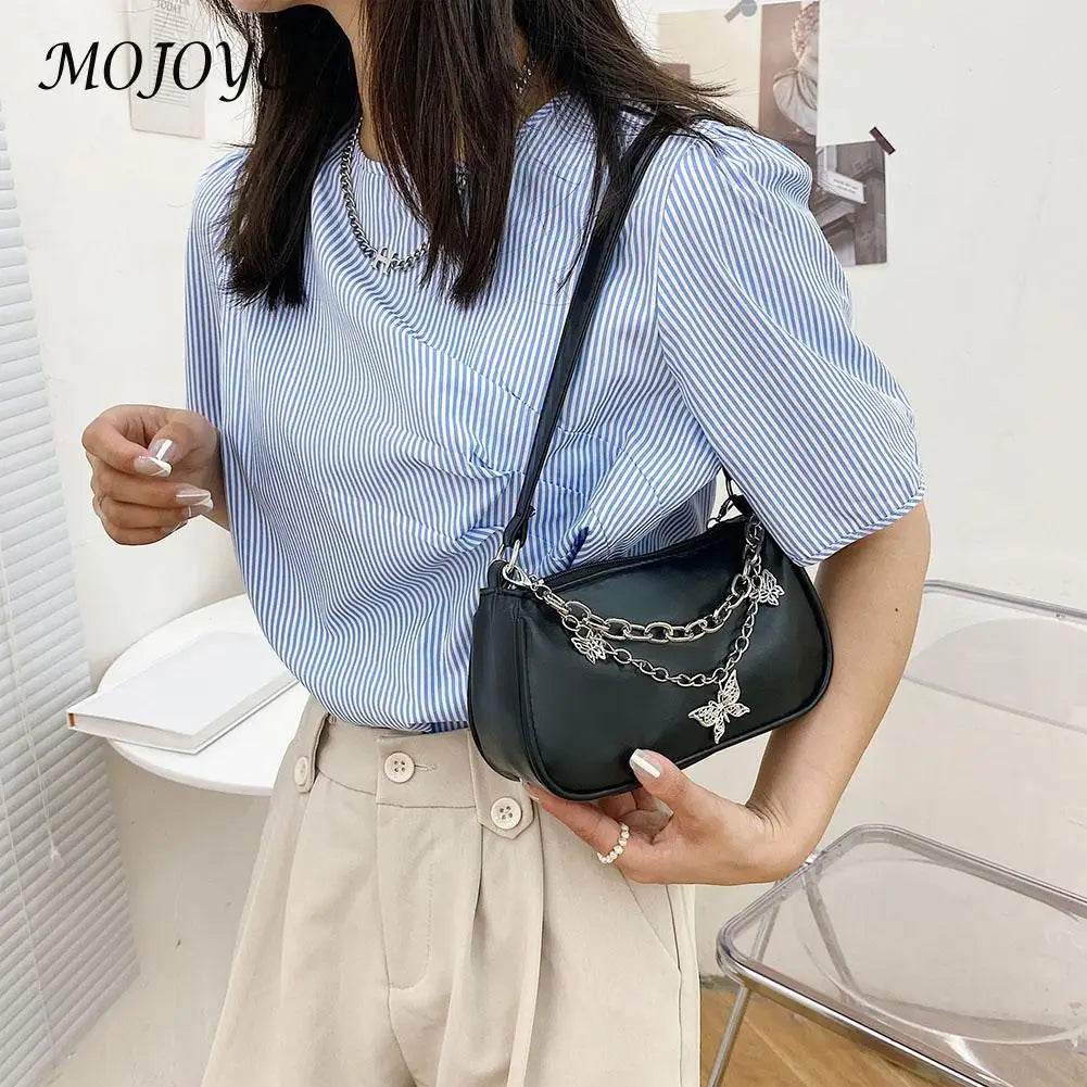 Vintage Casual Women Butterfly Double Chain PU Underarm Bag Small Handbag