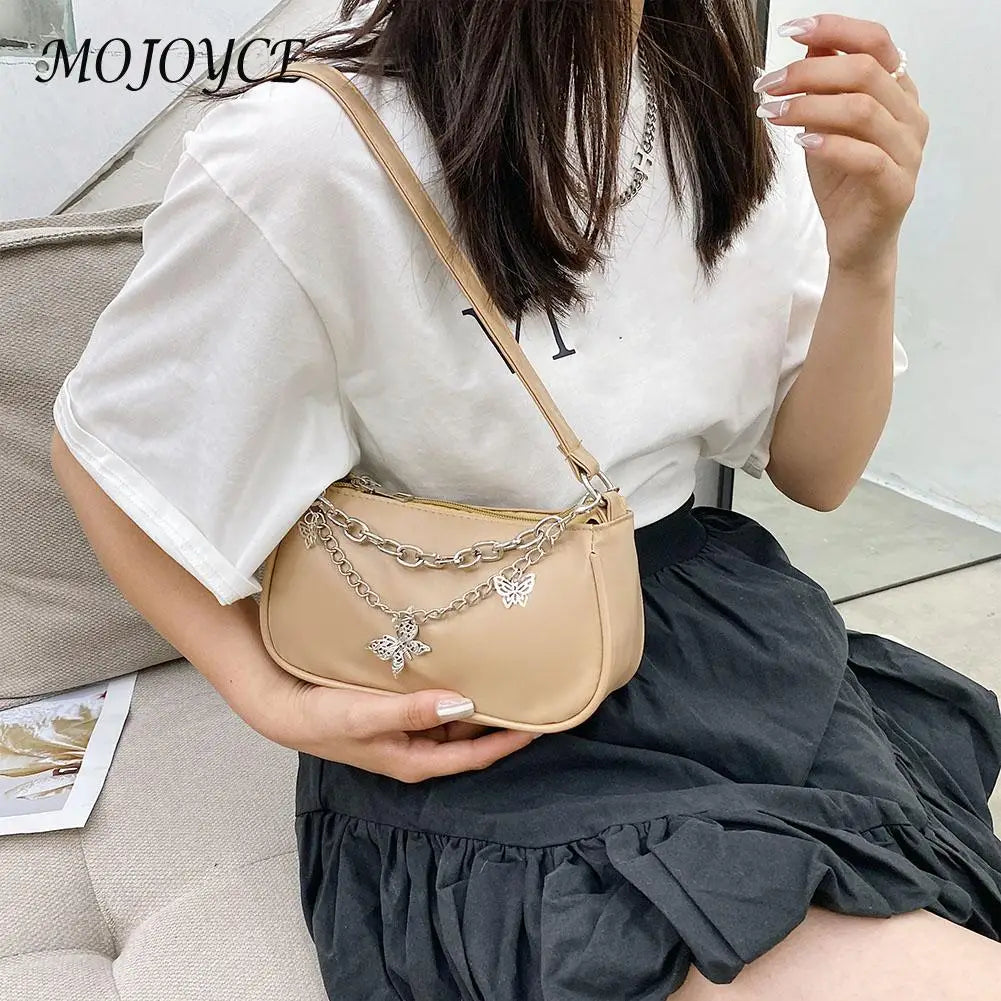 Vintage Casual Women Butterfly Double Chain PU Underarm Bag Small Handbag