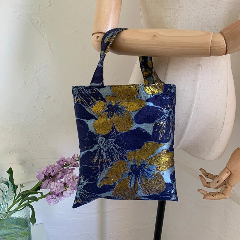 Vintage Cloth Women Small Handbags Jacquard Fabric Ladies Mini Top Handle Tote B