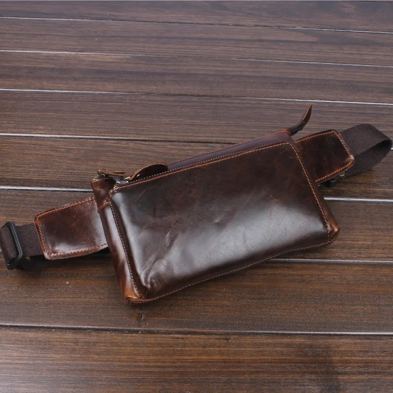 Vintage Cow Leather Men Waist Bag Casual Small Fanny Pack Male Belt Bag