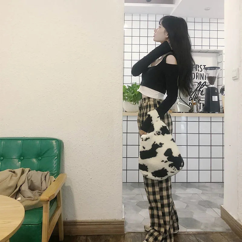 Vintage Cow Pattern Women Handbags Winter Student Small Shoulder Bags