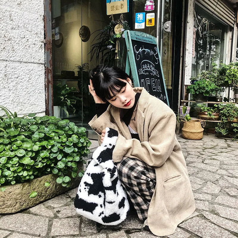 Vintage Cow Pattern Women Handbags Winter Student Small Shoulder Bags