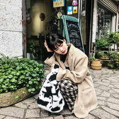 Vintage Cow Pattern Women Handbags Winter Student Small Shoulder Bags
