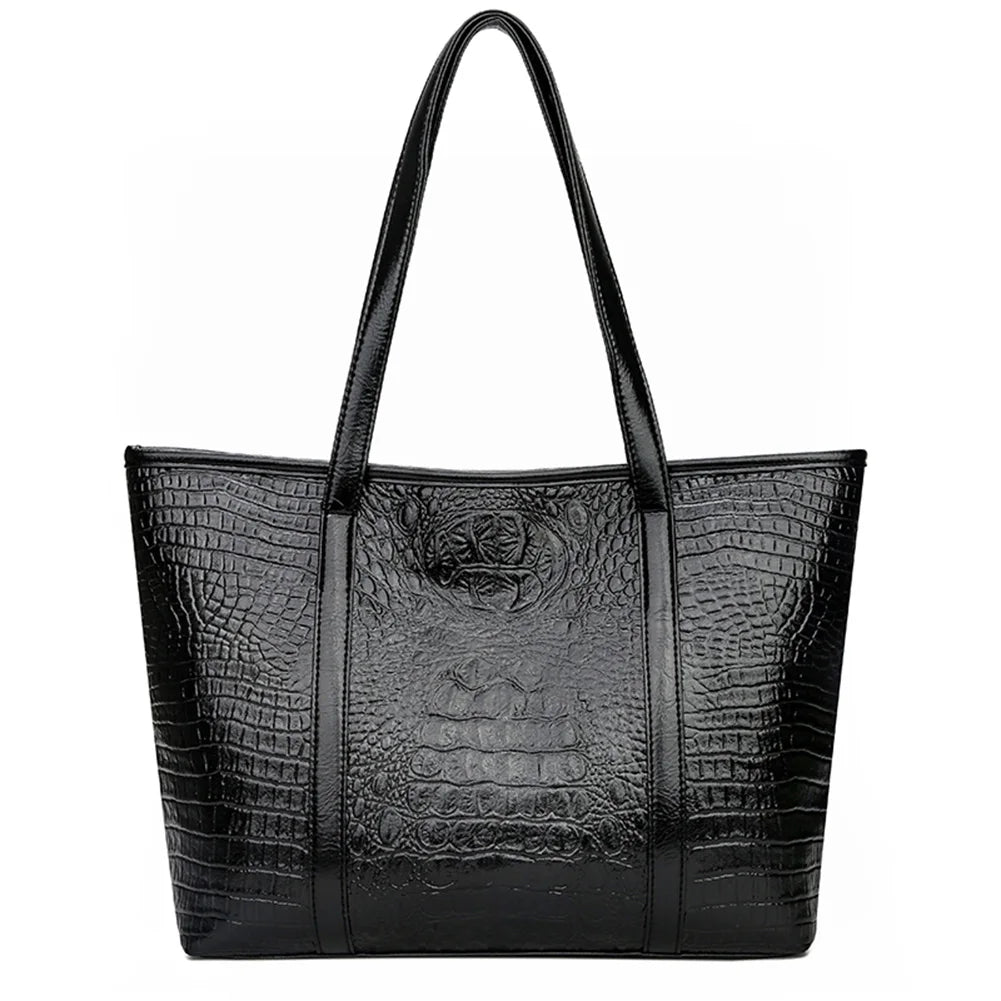 Vintage Crocodile Leather Women Handbag Large Capacity Shoulder Bag