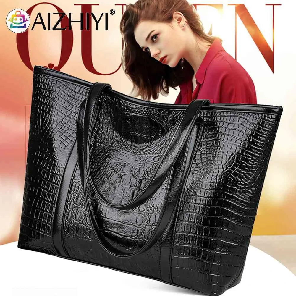 Vintage Crocodile Leather Women Handbag Large Capacity Shoulder Shopping Bag