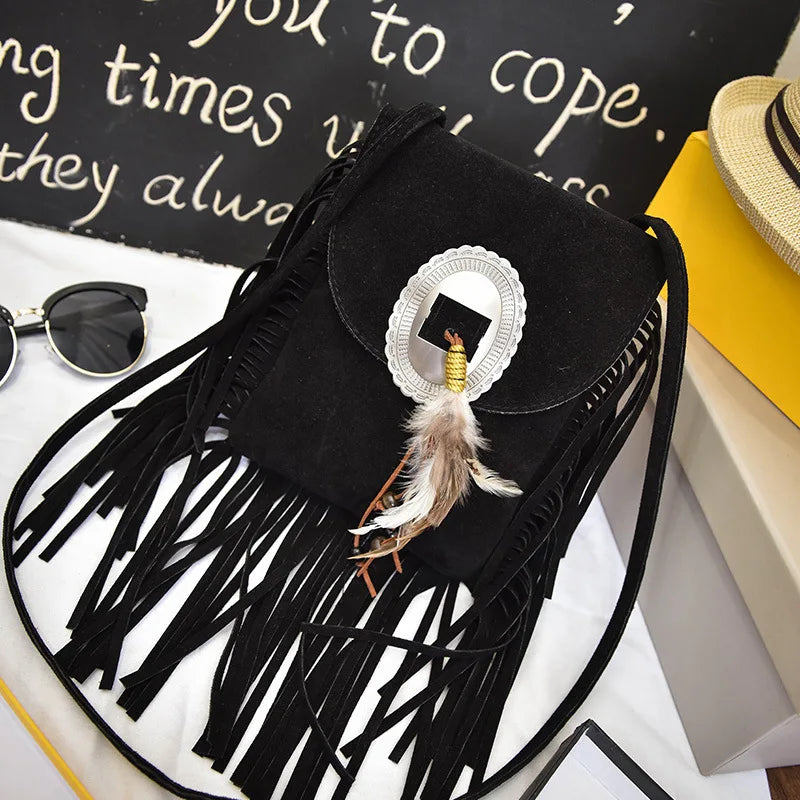 Vintage Fringe Crossbody Bag for Women Feather Purse