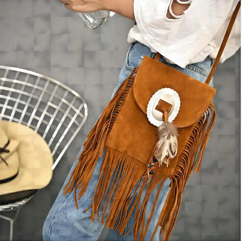 Vintage Fringe Crossbody Bag for Women Feather Purse