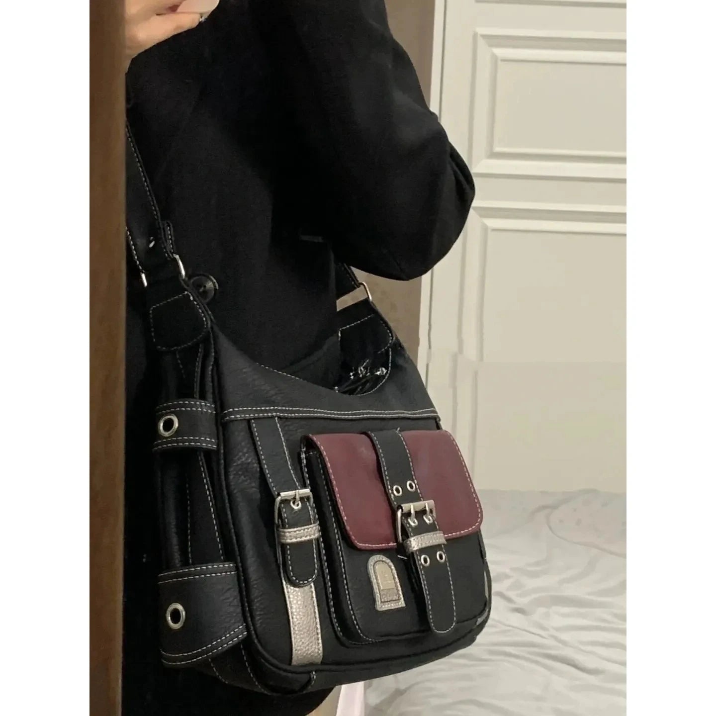 Vintage Crossbody Bag High PU Leather Shoulder Bag Tote Women's Hip Hop
