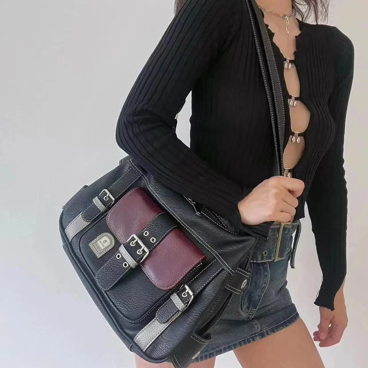 Vintage Crossbody Bag High PU Leather Shoulder Bag Tote Women's Hip Hop