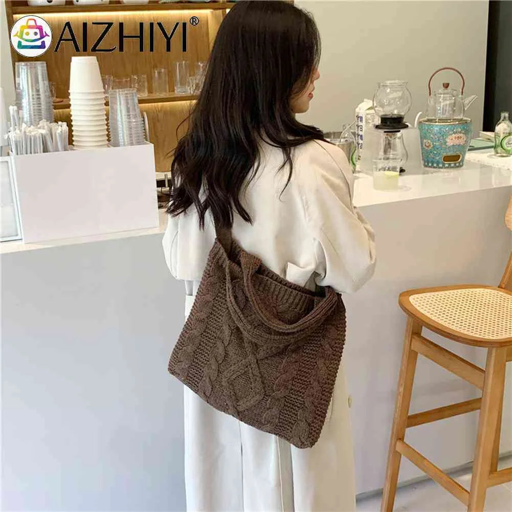 Vintage Knitted Crossbody Bag Large Capacity Solid Handbag
