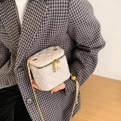 Vintage Rhombus Embroidered Bucket Bag Women High Lady Chain Shoulder Bag