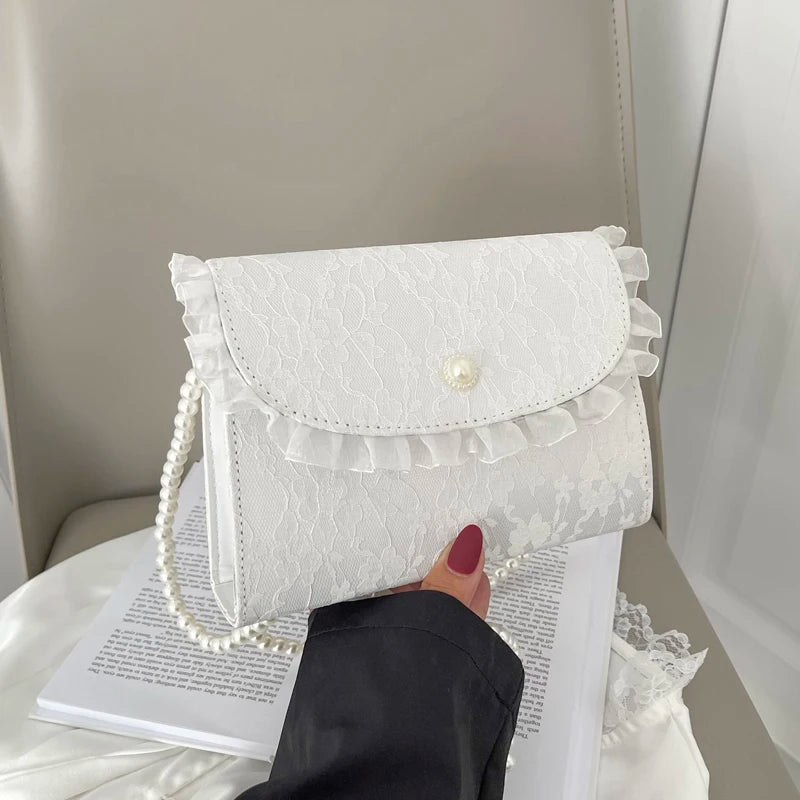 Vintage Lace Pearl Crossbody Bag Women Small Square Shoulder Purse Handbag