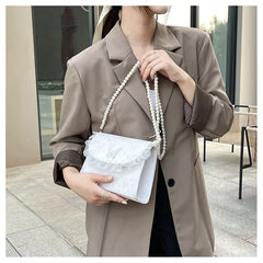 Vintage Lace Pearl Crossbody Bag Women Small Square Shoulder Purse Handbag