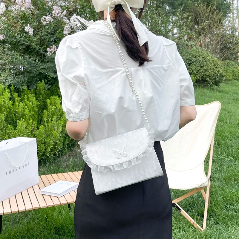 Vintage Lace Pearl Crossbody Bag Women Small Square Shoulder Purse Handbag