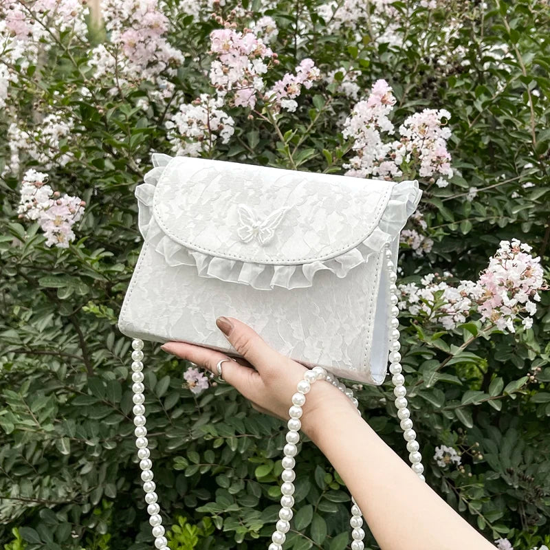 Vintage Lace Pearl Crossbody Bag Women Small Square Shoulder Purse Handbag