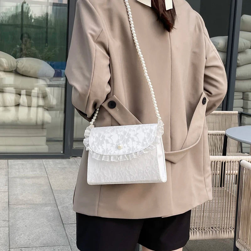 Vintage Lace Pearl Crossbody Bag Women Small Square Shoulder Purse Handbag