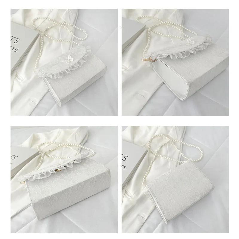 Vintage Lace Pearl Crossbody Bag Women Small Square Shoulder Purse Handbag