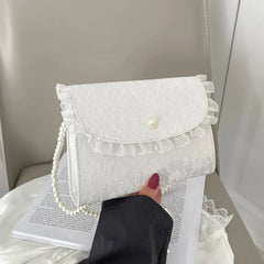 Vintage Lace Pearl Crossbody Bag Women Small Square Shoulder Purse Handbag
