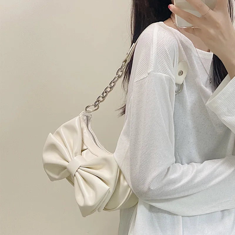 Vintage Bow Shoulder Bags for Women Solid Girls Pu Leather Crossbody Clutch Fema