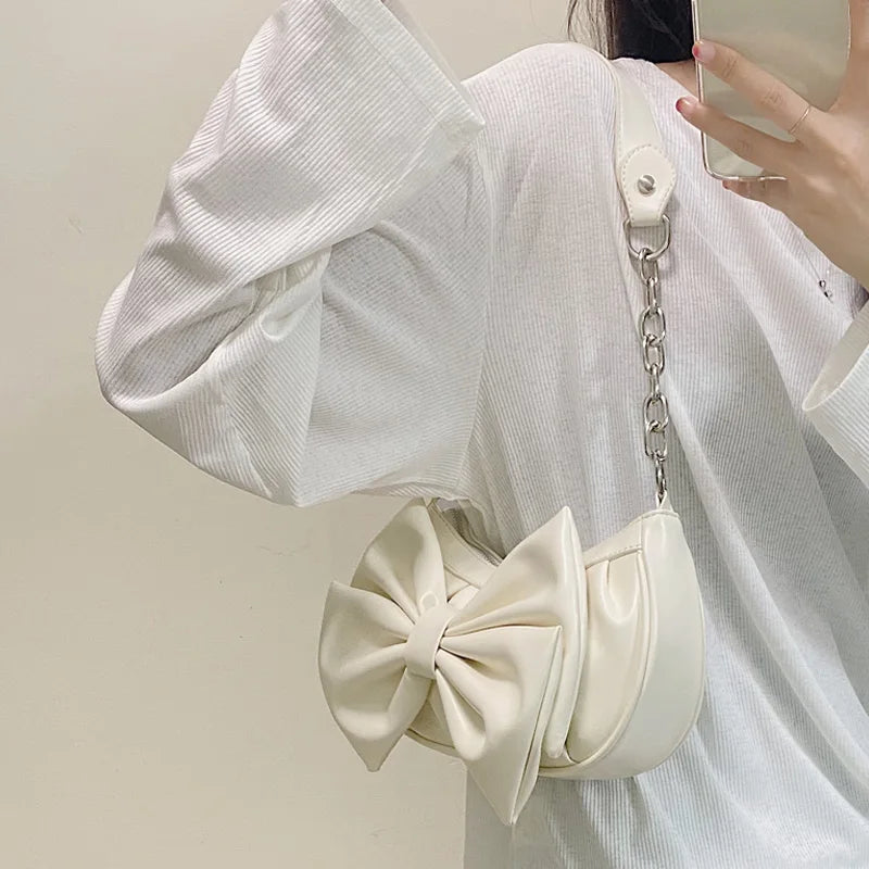 Vintage Bow Shoulder Bags for Women Solid Girls Pu Leather Crossbody Clutch Fema