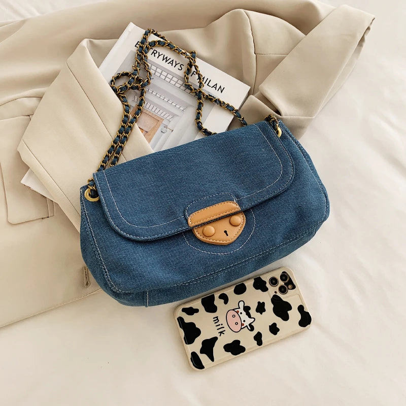 Vintage Denim Shoulder Bag Crossbody Chain Handbag Flap Messenger Solid Sac