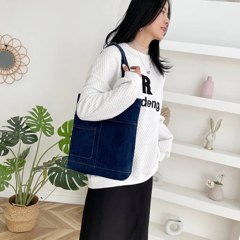 Vintage Denim Shoulder Bag Large Capacity Canvas Tote Underarm Bag