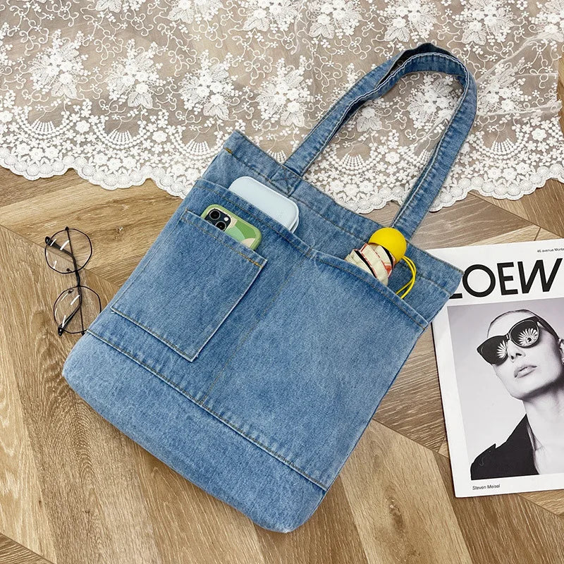 Vintage Denim Shoulder Bag Large Capacity Canvas Tote Underarm Bag