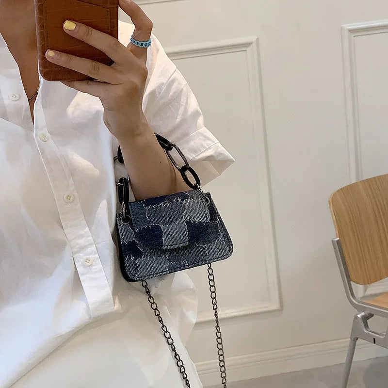 Vintage Denim Chain Crossbody Bag Small Shoulder Bag for Women
