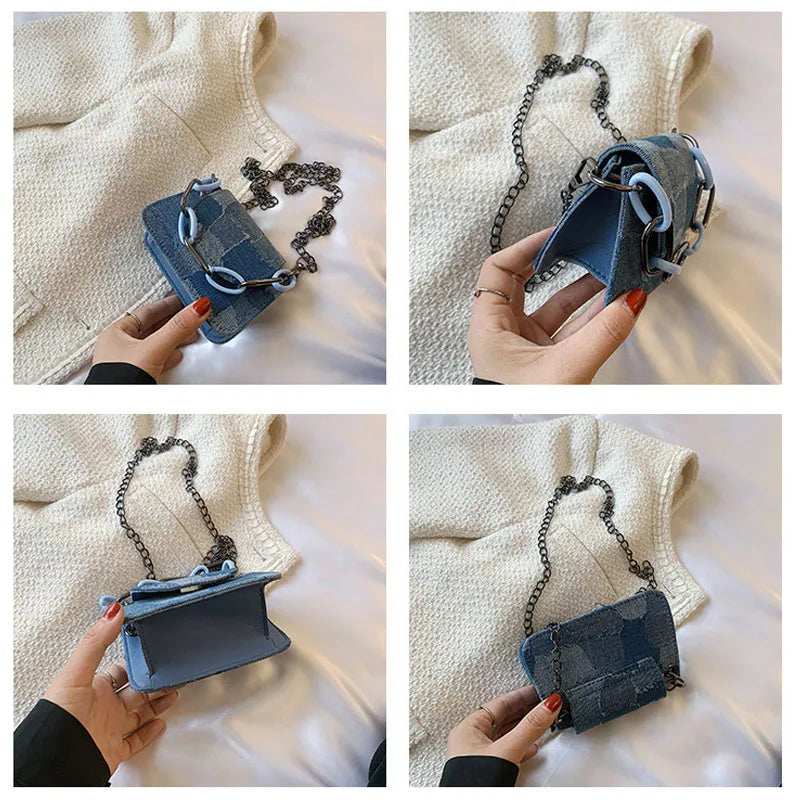 Vintage Denim Chain Crossbody Bag Small Shoulder Bag for Women