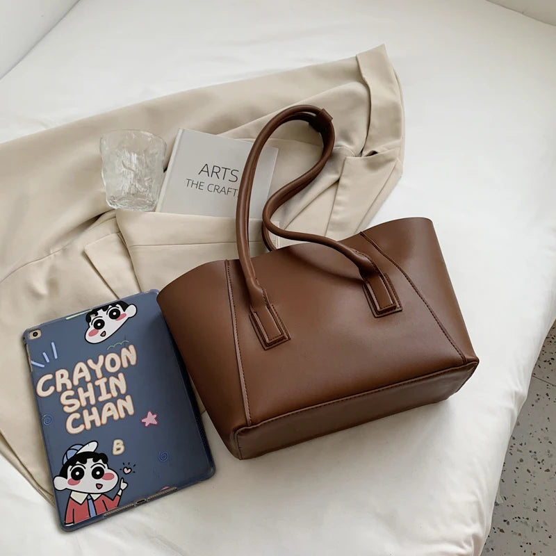 Vintage Leather Tote Bag for Women Solid Casual Handbag