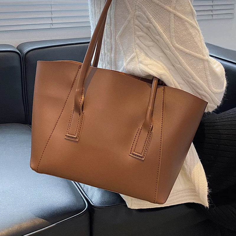 Vintage Leather Tote Bag for Women Solid Casual Handbag