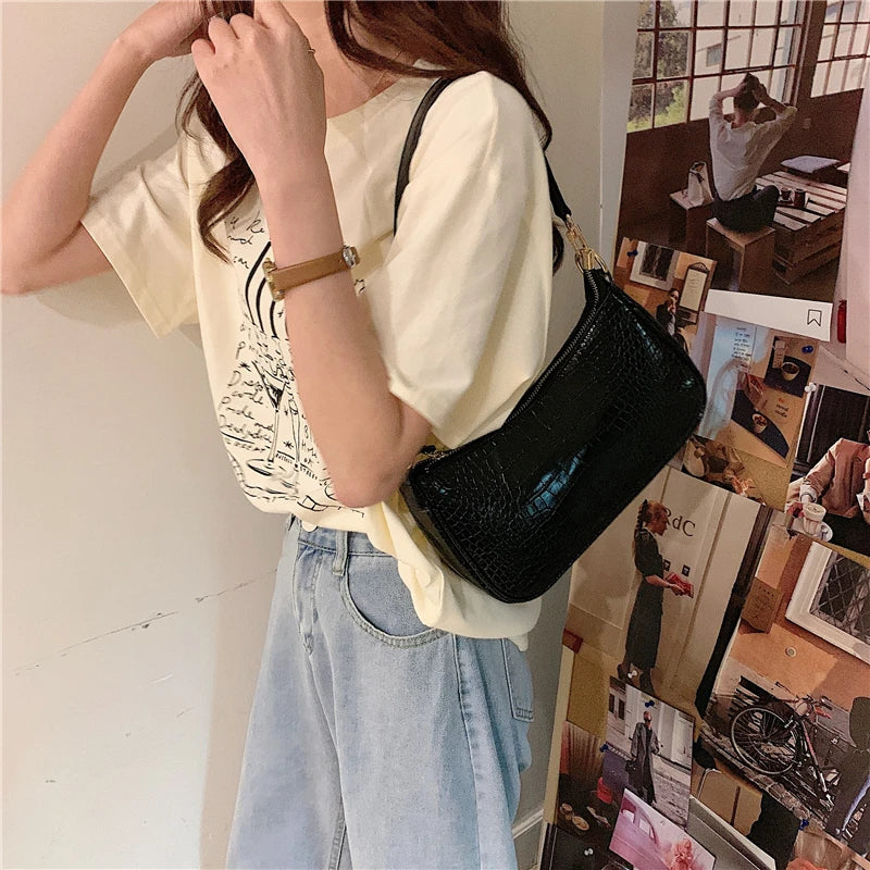 Vintage Crocodile Pattern Women Underarm Shoulder Bag