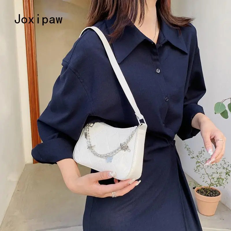 Vintage Diamond Lattice Crossbody Bag for Women Girl Butterfly Chain Pu Shoulder