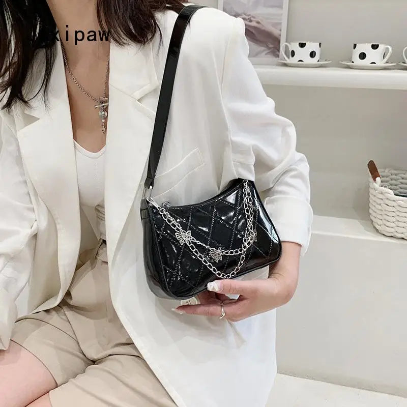 Vintage Diamond Lattice Crossbody Bag for Women Girl Butterfly Chain Pu Shoulder
