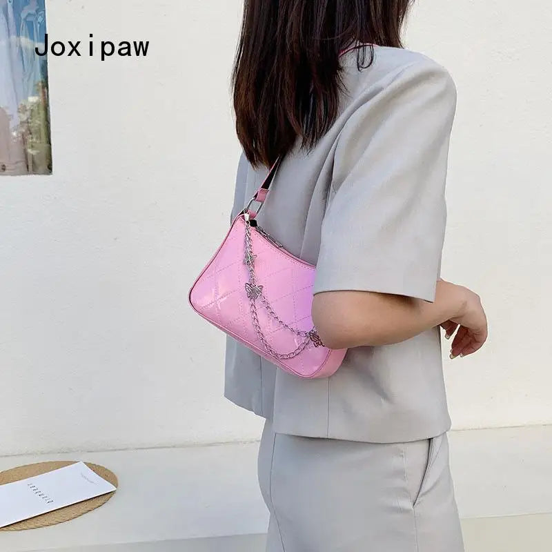 Vintage Diamond Lattice Crossbody Bag for Women Girl Butterfly Chain Pu Shoulder