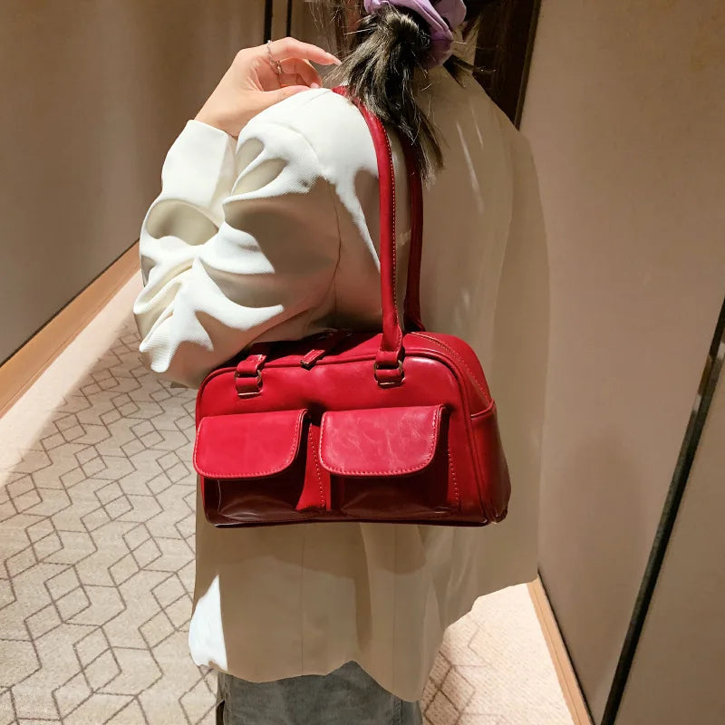 Vintage Double Flap Pocket Shoulder Bag for Women