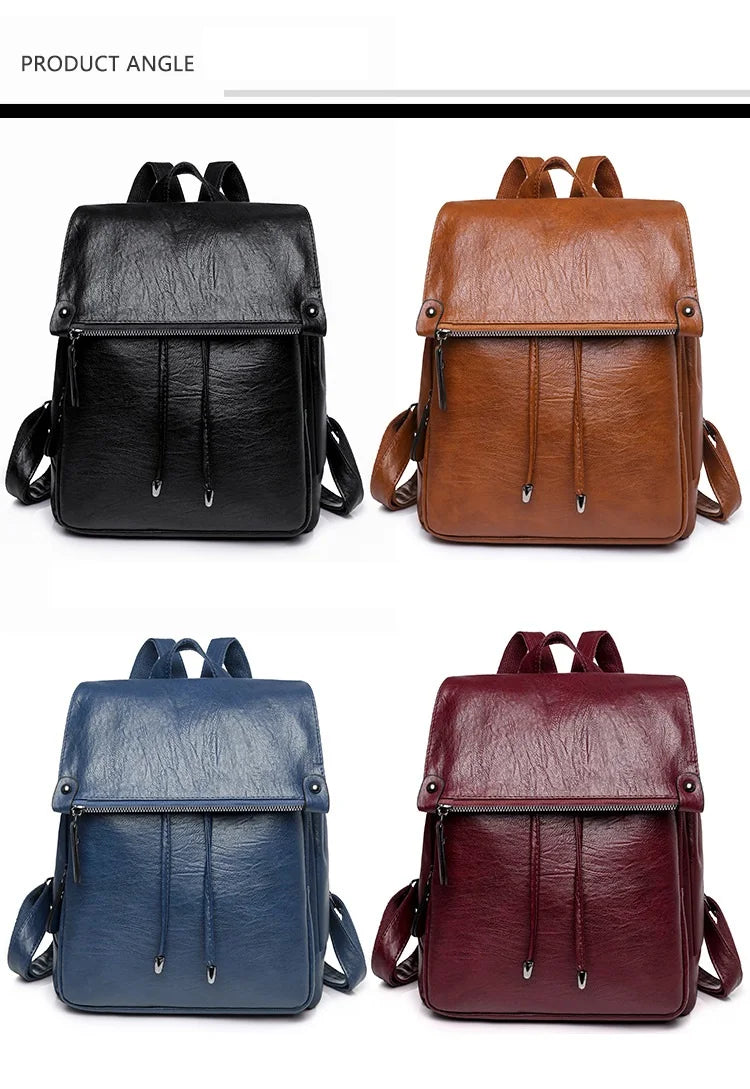 Vintage Drawstring Women Backpack Casual Student School Bag PU Leather Travel Ru