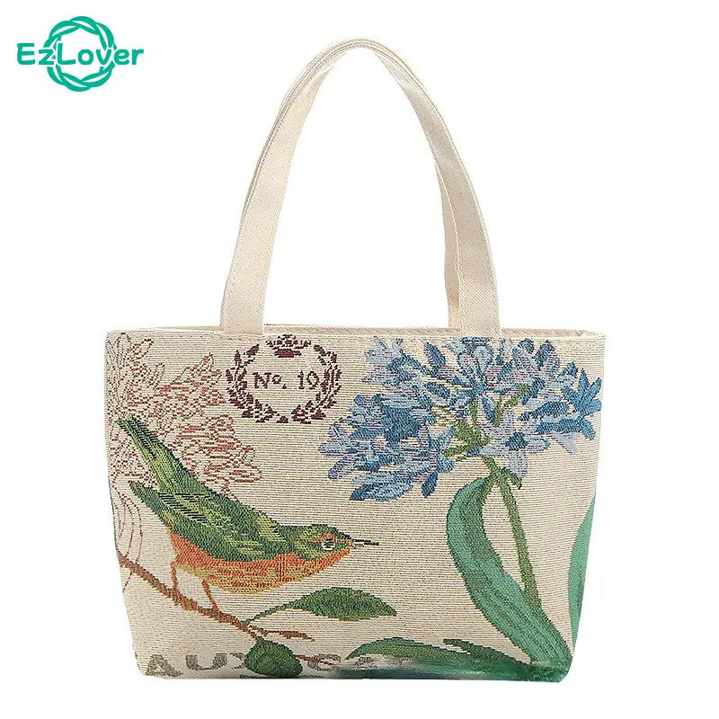 Vintage Embroidery Canvas Tote Bag Women Flower Large Capacity Shoulder Bag