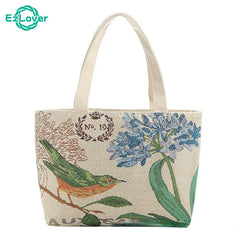 Vintage Embroidery Canvas Tote Bag Women Flower Large Capacity Shoulder Bag