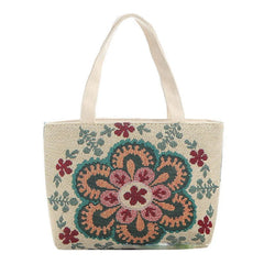Vintage Embroidery Canvas Tote Bag Women Flower Large Capacity Shoulder Bag