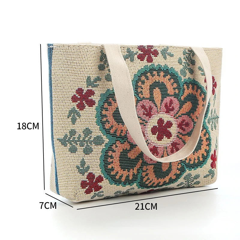 Vintage Embroidery Canvas Tote Bag Women Flower Large Capacity Shoulder Bag