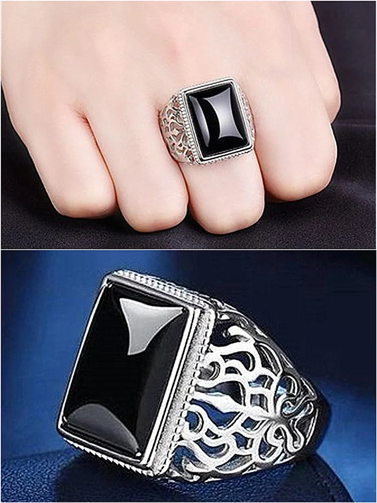 Vintage Square Gemstones Agate Rings for Men Silver Bague