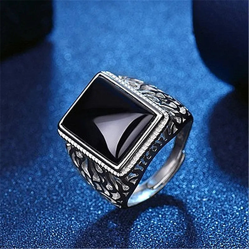 Vintage Square Gemstones Agate Rings for Men Silver Bague