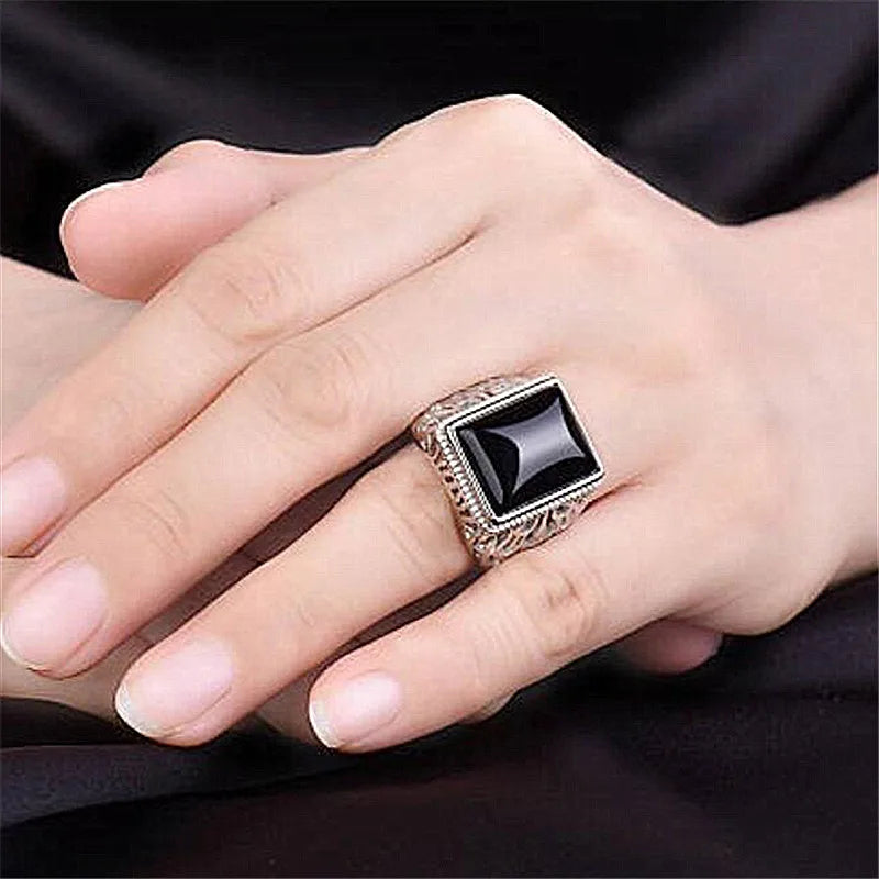 Vintage Square Gemstones Agate Rings for Men Silver Bague