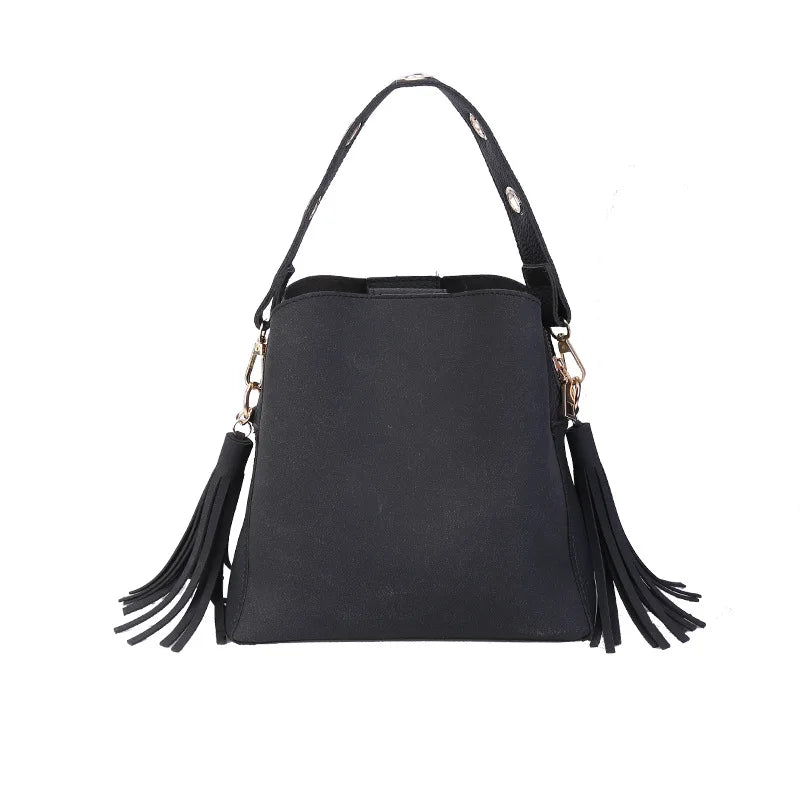 Vintage Fringe Bucket Shoulder Bag Suede Messenger Crossbody Bag