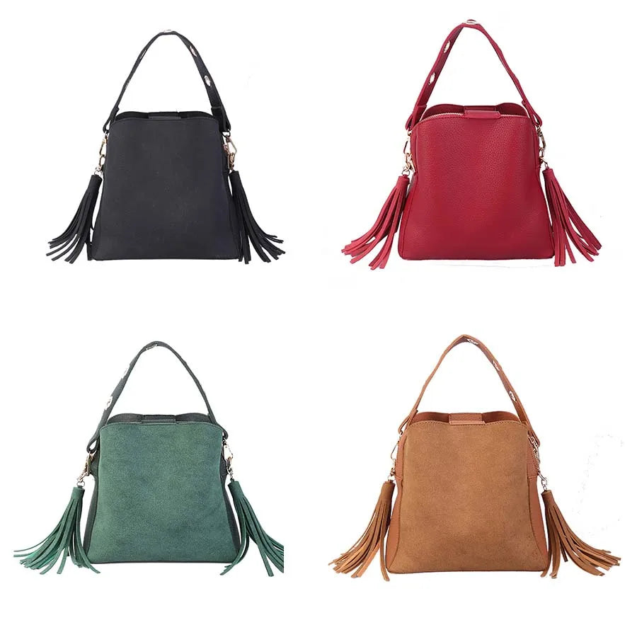 Vintage Fringe Bucket Shoulder Bag Suede Messenger Crossbody Bag