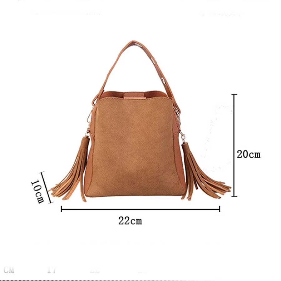 Vintage Fringe Bucket Shoulder Bag Suede Messenger Crossbody Bag